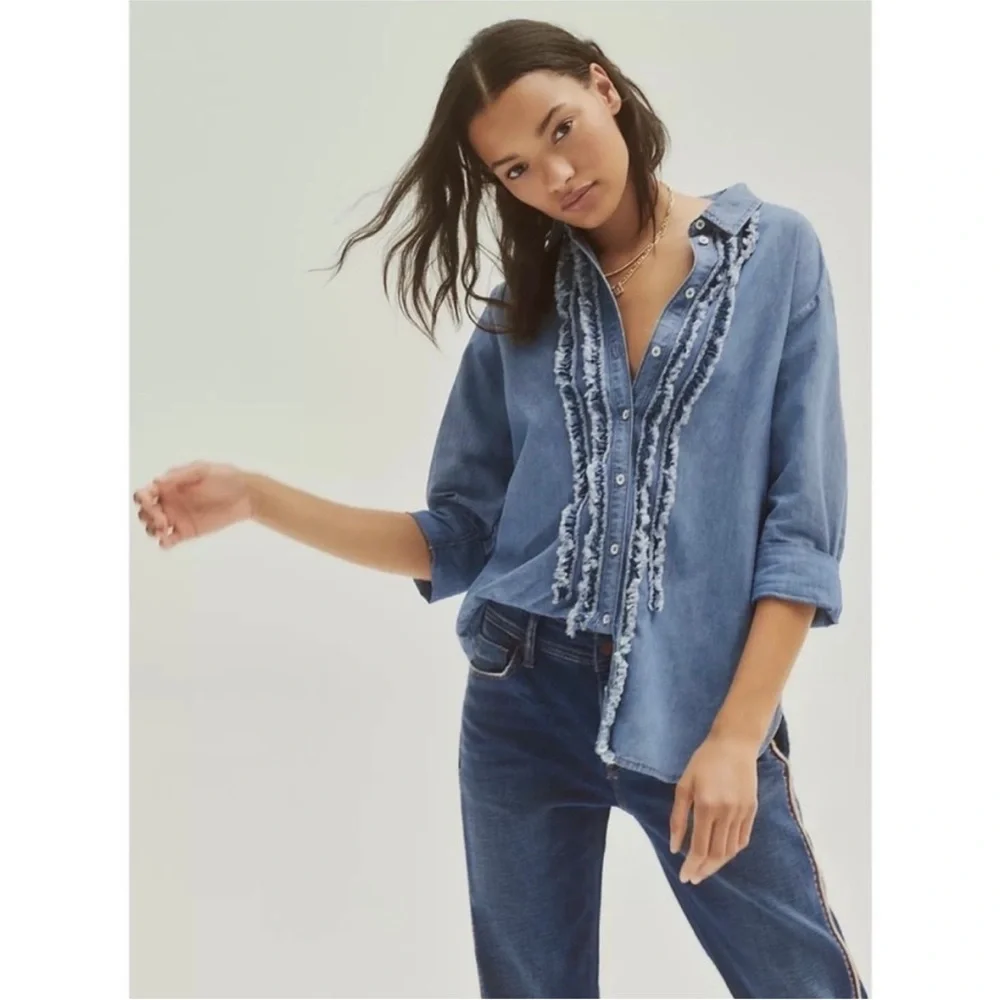 Pilcro by Anthropologie Juni Ruffled Denim Button Down Petite Small 3/4 Sleeve - Picture 1 of 13
